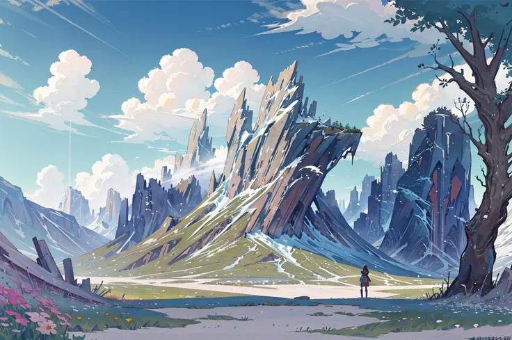 masterpiece,bestquality,ultra-detailed,illustration, ((concept art:1.2)), no humans, outdoors, scenery, sky, grass, day, cloud, tree, blue sky, rock, flower, plant, mountain, cliff