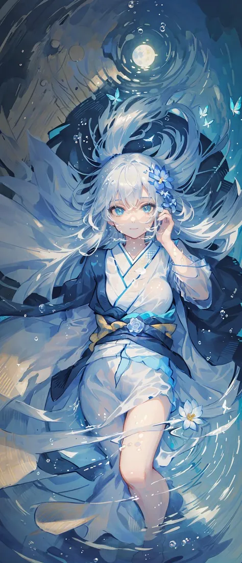 ((masterpiece)),(((bestquality))),((ultra-detailed)),((illustration)),dynamicangle,((solo:1.4))
1girl,kimono,(cowboy shot:1.4),light smile,long hair,light simle,light bush,((Bubble)),(solo:1.2),(reflective water:1.2),((partially underwater shot)),ripples,,Floating flower,,flowers,glowing butterfly,((water)),caustics,moon,blue theme,((lying)),nose,((realistic))