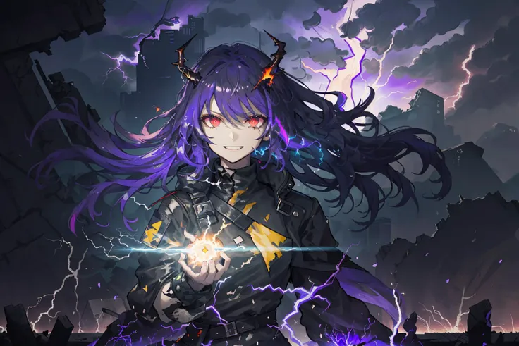 ((masterpiece)), (((best quality))), ((ultra-detailed)), ((illustration)), dynamic angle
detailed face depiction,dramatic angle,1girl,solo,solo focus,((upper body:1.4)),w \(arknights\),blood from eyes,red eyes, ((open black jacket:1.2)),, open clothes, ,Disgust,Crazy smile,Evil grin,Evil smile,black jacket,long sleeves,red eyes,black pantyhose,belt,messy hair,,horn dirty face, battle damage, torn,blade,fighting,arknights,(ruins),wind,battle fild,burning city,((black+purple lightning:1.4)),(fire),night,glowing,light,green light,((cyberpunk)),building,Floating hair,fragment,Floating glow,Boots,(cool),Floating ribbon,Asymmetrical design,electricity