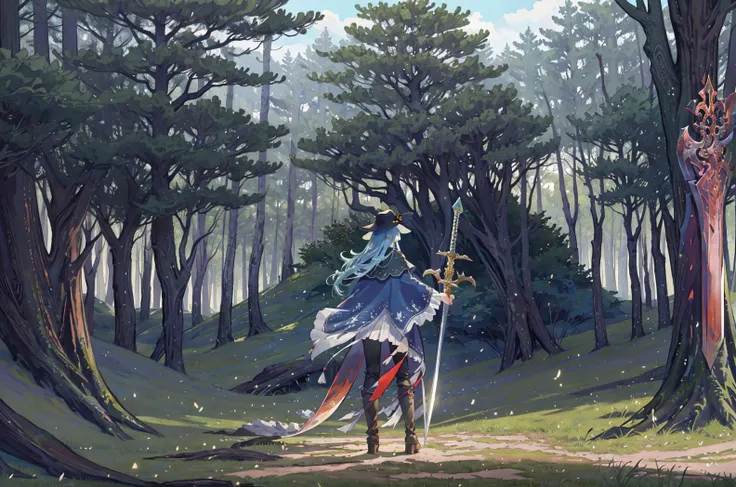masterpiece,bestquality,ultra-detailed,illustration, tree, weapon, holding, scenery, holding weapon, hat, outdoors, nature, standing, cape, magic, forest, staff, fantasy, glowing, grass, axe, from behind, sword, 1girl, dragon
