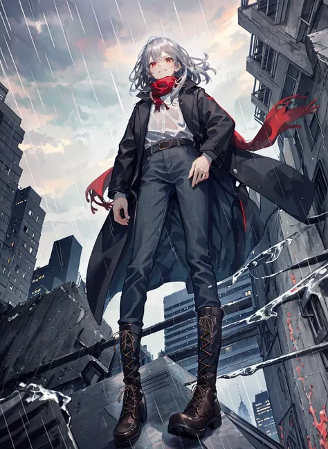 an extremely delicate and beautiful girl, 8k wallpaper, masterpiece,Contre-Jour,strong rim light
1 girl,silver har,red eyes,glowing,light smile,Crossed arms,long red scarf,((wind)),smug,((from below:1.3)),((rain)),((dark:1.2)),night,perspective,foreshortening,vanishing point,((wide shot)),pants,,lace-up boots,red,collared shirt,black coat,outdoors,skyscraper,building,city,((Standing on the rooftop:1.2)),handrail,water,thunder,electricity