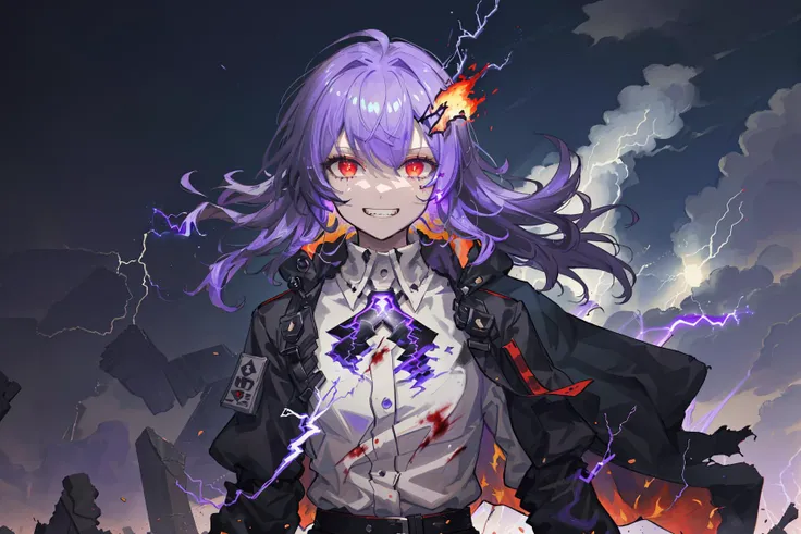 ((masterpiece)), (((best quality))), ((ultra-detailed)), ((illustration)), dynamic angle
detailed face depiction,dramatic angle,1girl,solo,solo focus,((upper body:1.4)),w \(arknights\),blood from eyes,red eyes, ((open black jacket:1.2)),, open clothes, ,Disgust,Crazy smile,Evil grin,Evil smile,black jacket,long sleeves,red eyes,black pantyhose,belt,messy hair,,horn dirty face, battle damage, torn,blade,fighting,arknights,(ruins),wind,battle fild,burning city,((black+purple lightning:1.4)),(fire),night,glowing,light,green light,((cyberpunk)),building,Floating hair,fragment,Floating glow,Boots,(cool),Floating ribbon,Asymmetrical design,electricity