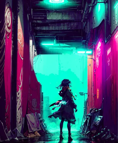 ((marpiece)),Volumetric Lighting,strong rim light, best quality,Illustration,
1girl, solo, city lights, city, cityscape, long hair, ((night)),((dark)), from behind, neon lights, standing, scenery, building, ((facing away:1.5)), dark, skyscraper, outdoors, silhouette, jacket, rain,(glowing:1.4),green light,flash,city lights, ((high contrast;1.4)), wind,red scarf, <lora:epiNoiseoffset_v2:1>,boots,