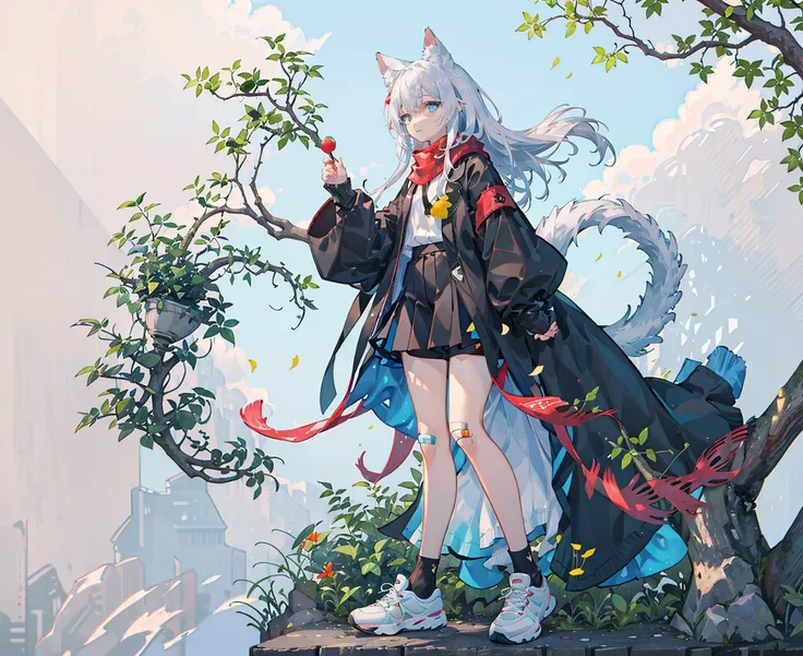 an extremely delicate and beautiful girl, 8k wallpaper, masterpiece,Cinematic Lighting, best quality,Illustration,detailed face depiction,dramatic angle, 1girl, solo, fruit, tail, white hair, food, shoes, sleeves past wrists, blue eyes, standing, socks, bandaid on leg, bandaid, scarf, sleeves past fingers, holding, long sleeves, animal ears, plant, leaf, black socks, white footwear, sneakers, full body, tree, signature, medium hair, white background, red scarf, long hair, grey eyes, grey footwear, skirt, black skirt, looking at viewer, sweater, branch, bangs, shorts, black footwear, grass, black shorts, bandaid on knee,(solo),