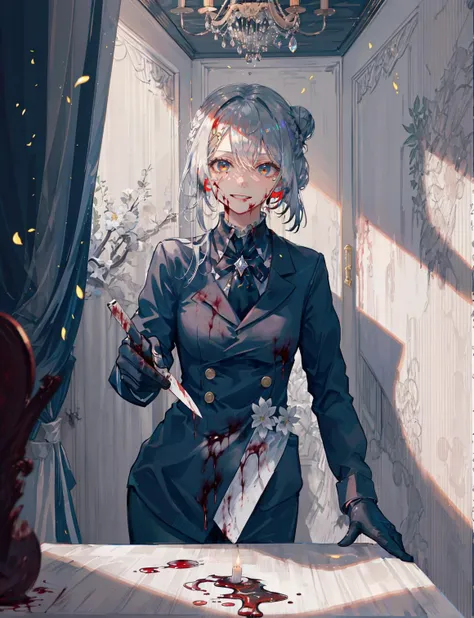 an extremely delicate and beautiful girl, 8k wallpaper,masterpiece,best quality,1girl,cowboy shot,suit,tie,hair bun,gloves,blood,bloodstain,knife,wound,sadistic expression,mansion,hallway,chandelier,candle,Crazy smile,Evil smile,black gloves,silver hair, (black hair)