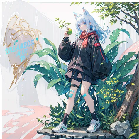 an extremely delicate and beautiful girl, 8k wallpaper, masterpiece,Cinematic Lighting, best quality,Illustration,detailed face depiction,dramatic angle, 1girl, solo, fruit, tail, white hair, food, shoes, sleeves past wrists, blue eyes, standing, socks, bandaid on leg, bandaid, scarf, sleeves past fingers, holding, long sleeves, animal ears, plant, leaf, black socks, white footwear, sneakers, full body, tree, signature, medium hair, white background, red scarf, long hair, grey eyes, grey footwear, skirt, black skirt, looking at viewer, sweater, branch, bangs, shorts, black footwear, grass, black shorts, bandaid on knee,title,english text,