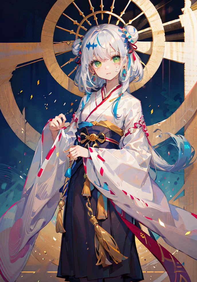 8k wallpaper, masterpiece,Cinematic Lighting, best quality,Illustration,dramatic angle, ((colorful:1.1)), ((colored inner hair:1.4)),solo
1girl, solo, white hair, long hair, hair bun, hanfu, green eyes, double bun, outdoors, looking at viewer, long sleeves, chinese clothes, blurry, bangs, blurry background, hand up, ribbon, wide sleeves, tree, standing, facial mark, closed mouth, robe, feet out of frame, jewelry, hair ornament, red ribbon, head tilt, earrings, sleeves past wrists, tassel, day