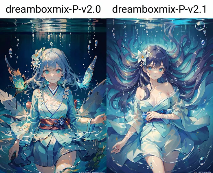 ((masterpiece)),(((bestquality))),((ultra-detailed)),((illustration)),dynamicangle,((solo:1.4))
1girl,kimono,(cowboy shot:1.4),light smile,long hair,light simle,light bush,((Bubble)),(solo:1.2),(reflective water:1.2),((partially underwater shot)),ripples,,Floating flower,,flowers,glowing butterfly,((water)),caustics,moon,blue theme,((lying)),nose,((realistic))