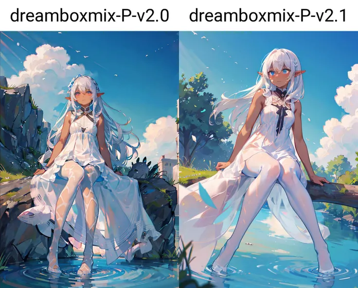 an extremely delicate and beautiful girl, 8k wallpaper, masterpiece,Cinematic Lighting, best quality,Illustration,detailed face depiction,dramatic angle,1girl,((dark skin:1.2)),blue sky,sunlight,silver hair,light tan, shy,looking away,nose blush,elf,dress,sitting ,outdoors,((river)),grass,tree,(( white pantyhoser:1.2)), feet focus,(from below:1.5), , water,ripples,reflection