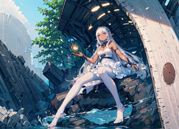 an extremely delicate and beautiful girl, 8k wallpaper, masterpiece,Cinematic Lighting, best quality,Illustration,detailed face depiction,dramatic angle,1girl,((dark skin:1.2)),silver hair,light tan, shy,looking away,nose blush,elf,dress,sitting ,outdoors,((river)),grass,tree,(( white pantyhoser:1.2)), feet focus,(from below:1.5), , water,ripples