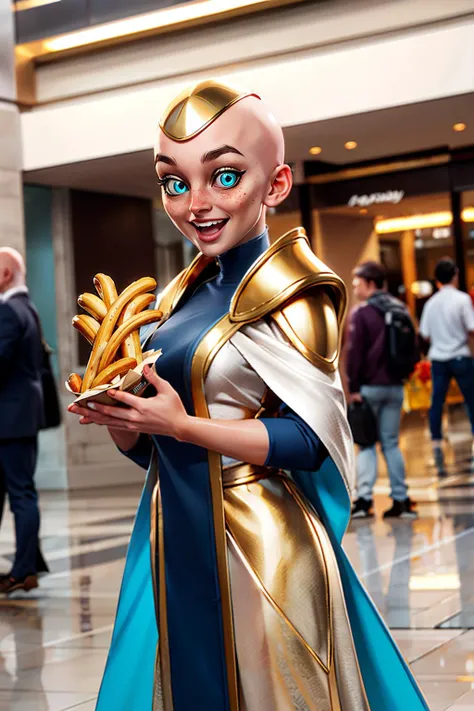 Kronika, gold cap, bald, glowing blue eyes, freckles,robes, pelvic curtain, shoulder armor, looking at viewer, smiling, happy, mouth open, blush, standing, medium shot, inside a mall, food court, holding a pretzel, crowd, bright lighting, high quality, masterpiece,  <lora:Kronika-mk11v8:.8>