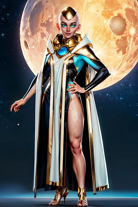 Kronika, gold cap, bald, glowing blue eyes, freckles, robes, high heels, pelvic curtain, shoulder armor, looking at viewer, smiling, full body shot, standing, on moon, space background, high quality, masterpiece, <lora:Kronika-mk11v8:.8>