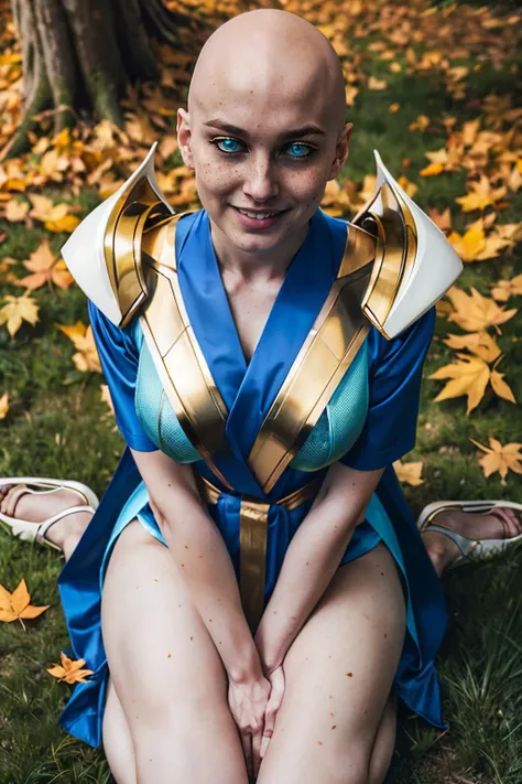 Kronika, gold cap, bald, glowing blue eyes, freckles, robes, pelvic curtain, shoulder armor, heels, looking at viewer, serious, smiling, sitting, wariza, on grass, from_above, outside, autumn leafs, overcast, high quality, masterpiece, <lora:Kronika-mk11v8:.8>