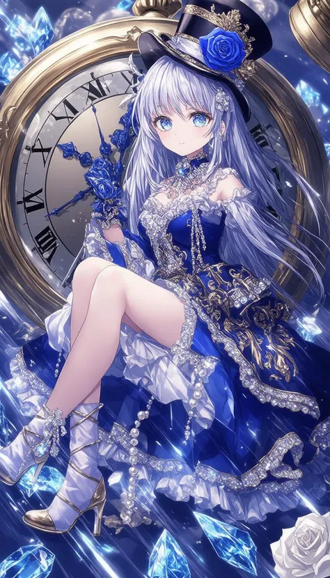 modern anime style,upper body of a young girl with long silver hair and glowing pale skin sits gracefully in front of a massive silver pocket watch. She wears an ornate deep blue and white dress with crystal accents, high-heeled boots, and a top hat adorned with a blue rose and pearls. The scene is filled with shimmering light, white roses, crystal shards, and diamond-like gems, creating an elegant, luxurious, and fantastical atmosphere.
anime, watercolor