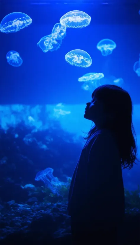 modern anime style, In a dimly lit aquarium, where the ambiance is tinged with a deep blue hue, a young girl gazes in awe at a mesmerizing jellyfish tank. The ethereal glow of the jellyfish, their translucent bodies pulsating rhythmically, creates an enchanting display that illuminates her delicate features. Her wide, curious eyes glisten with wonder, reflecting the soft, undulating light, while strands of her hair cascade down, slightly illuminated by the bioluminescent creatures. The air is filled with the faint sound of water softly lapping against the glass, creating a peaceful rhythm that complements her tranquil expression. Nearby, the subtle scent of saltwater mingles with the cool air, enveloping the scene in a serene atmosphere. The intricately designed tank, adorned with smooth pebbles and swaying seaweed, adds to the otherworldly experience, as glimmers of light dance across the surface, captivating both her heart and imagination in this magical underwater realm.