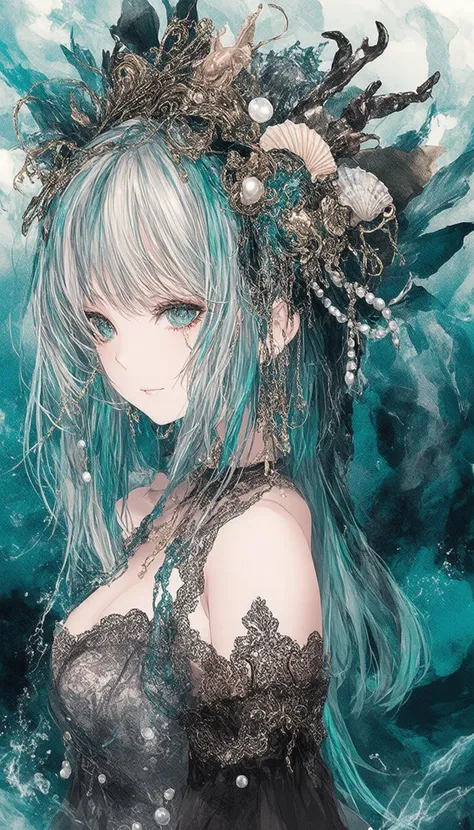 modern anime style, Create a vibrant, anime-style illustration. The text describes a highly detailed and fantastical profile portrait of a pretty girl with a voluptuous figure, slightly sexy and erotic, with large breasts. She has very long, luminous blonde hair with teal highlights and wears an elaborate headpiece adorned with seashells, pearls, Crab and other crustacean legs, and metallic filigree, evoking an underwater kingdom. Her attire blends oceanic textures with gothic elegance and steampunk elements, featuring lace and embroidery in teal, black, and silver. The background is a flowing watercolor-like scene with abstract ink splashes, creating a serene and surreal atmosphere against an ocean at dusk.