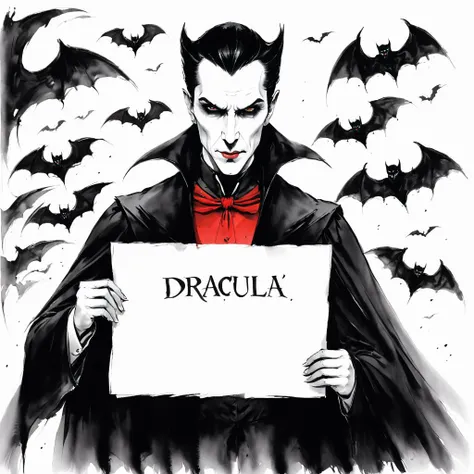 <lora:C_Freehand_Brushwork-000010:1> One man held a blank piece of paper with Dracula written on it