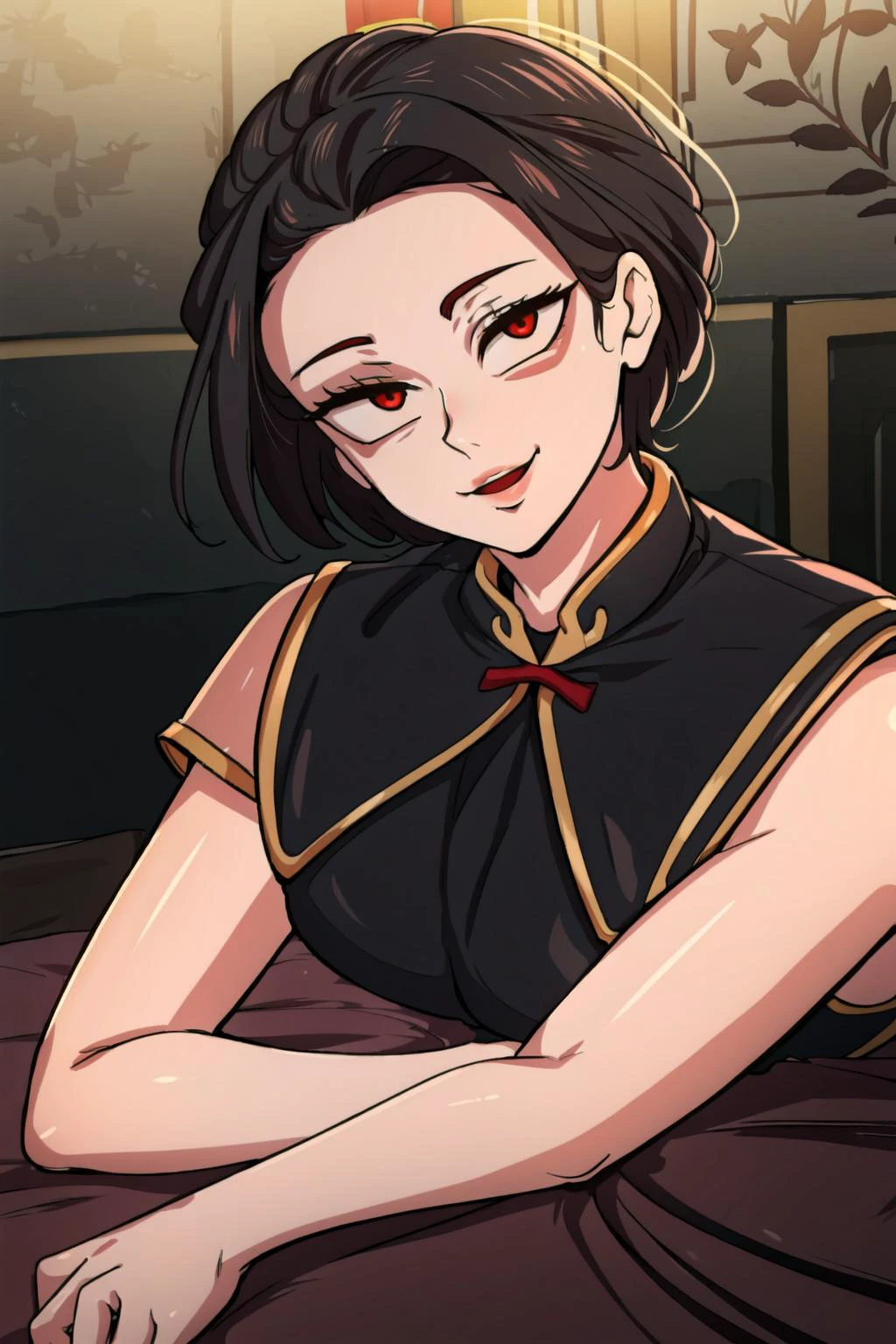 best quality, intricate details, ,(masterpiece:1.1),
<lora:azulaAvatarLORA_v10:0.8> azula, red eyes, looking at viewer,
laying on bed, pillow, red bedsheets,
<lora:gesugao_v10:0.8> gesugao, gesugao facial expression, sadistic smile, <lora:nunnyaStyleMySisters_v10:0.8>