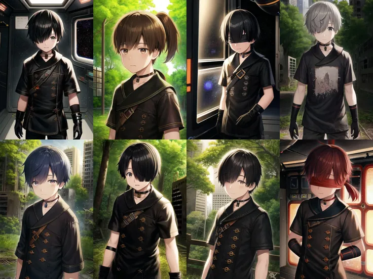 (by Yuya Nagai:0.8), male focus, solo, 1boy, male child, young child of age 9, {(9sclothe:0.3), (thin blindfold:0.9), cowboy shot|9sface, [round eyes], [eye reflection], upper body},
{grey hair|(black hair)|(dark blue) hair|(brown hair)|(dark red) hair}, {short hair|(low ponytail)|(hair over one eye:1.25)}, {short sleeves|long sleeves}, {scifi, spacestation interior, spaceship interior, [high tech window of a spaceship], cosmos|[ruins], ruined broken abandoned tall buildings, [tree]}, 
best quality, depth of field, <lora:9s-1:0.85>,