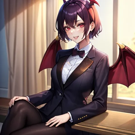 ((tuxedo)), solo mature 1girl, red_eyes, demon_wings, head_wings, upper body, broach on bowtie, vampire, 34san, short_hair, bangs, sitting, <lyco:34san_v3:1.0>