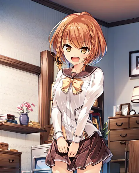 (masterpiece), (best quality), (ultra-detailed),(best shadow:0.4), (best illustration), (an extremely delicate and beautiful), photorealistic, dramatic lighting, indoors, wooden bedroom,  finely detail, 1girl, solo, (korona kusakabe:1.22), cowboy shot, sailor collar, yellow ribbon, braid, short hair, brown eyes, twin braids, :d, pleated skirt, white shirt, striped shirt,