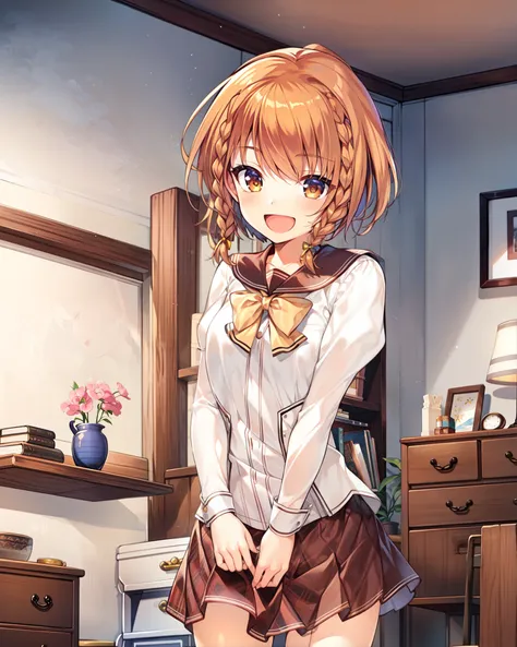 (masterpiece), (best quality), (ultra-detailed),(best shadow:0.4), (best illustration), (an extremely delicate and beautiful), photorealistic, dramatic lighting, indoors, wooden bedroom, finely detail, 1girl, solo, (korona kusakabe:1.22), cowboy shot, sailor collar, yellow ribbon, braid, short hair, brown eyes, twin braids, :d, pleated skirt, white shirt, striped shirt,