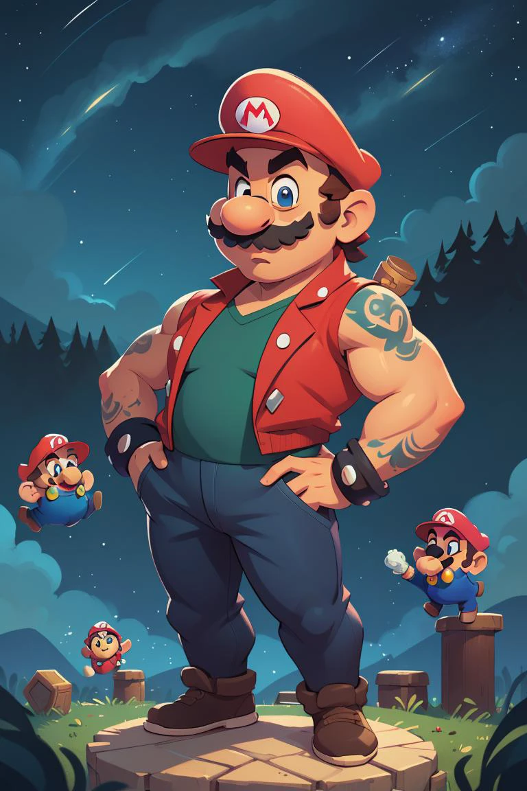 (Masterpiece, best quality:1.2),cartoon-personified super mario as a gangster,with super mario face and human body,muscular,solo,yakuza tattoos,anthropomorphic,full body,digital artwork,illustrative,painterly,highly detailed,<lora:SuperMario:0.8>,concept art,<lora:UnlimitedBladeWorks1.6:0.6>,starry sky Background,