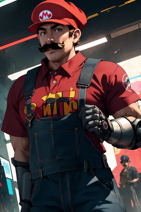 <lora:SuperMario:0.6> supermario, hat, overalls, red shirt,(cyberpunk:1.1),1man,mustache, body armor,realistic,muscular,mechanical parts,, (masterpiece, best quality,highres, perfect hands), beautiful lighting, dutch angle,