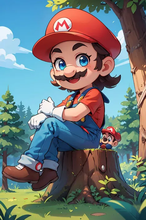 supermario,cartoon,wearing red shirt,blue overalls,white gloves,red hat,mustache,blue eyes,looking at viewer,smiling,happy,sitting on log stump,outside,forest,blue sky,<lora:SuperMario:0.7>, extremely detailed,hdr,