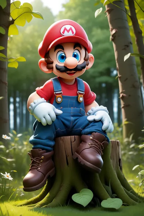 supermario,cartoon,wearing red shirt,blue overalls,white gloves,red hat,mustache,blue eyes,looking at viewer,smiling,happy,sitting on log stump,outside,forest,blue sky,<lora:SuperMario:0.7>, extremely detailed,hdr,