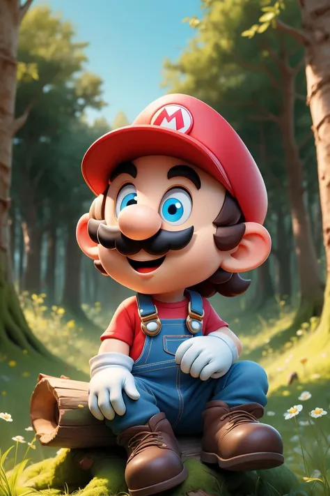 supermario,cartoon,wearing red shirt,blue overalls,white gloves,red hat,mustache,blue eyes,looking at viewer,smiling,happy,sitting on log stump,outside,forest,blue sky,<lora:SuperMario:0.7>, extremely detailed,hdr,