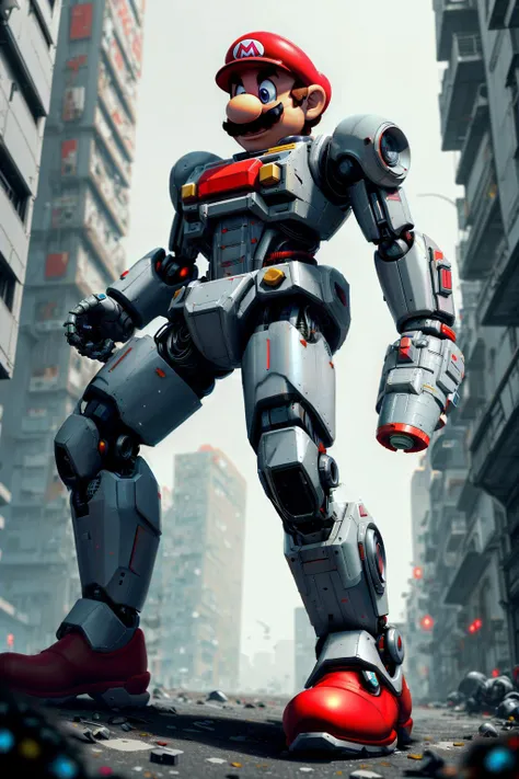 nesstyle, <lora:NESStyle:1>  The action packed Mario game, where Mario is a cyborg Cyberpunk  Hero from the future, Masterpiece, full body shot,(Cyberpunk [Cyborg|Super Mario] ),((cyberwear)), (flashy cyberpunk armor),dynamic angle, dynamic composition, Super Mario head, big shoes, light gun, power glove