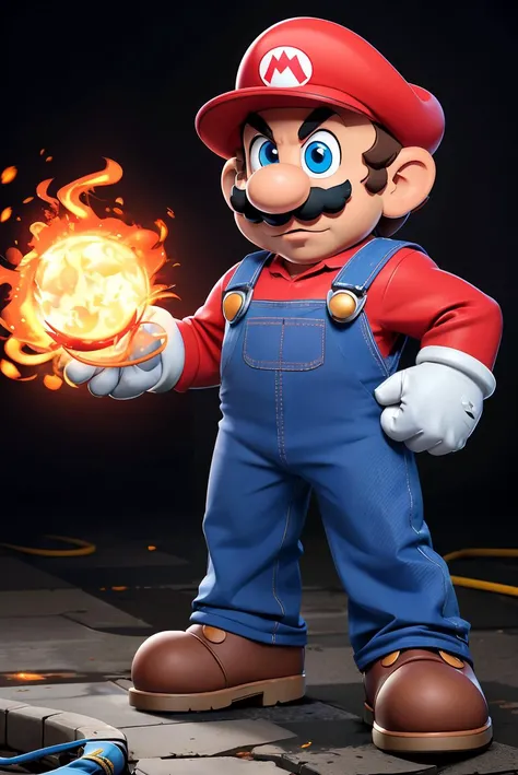 supermario, cartoon, wearing red shirt, overalls, white gloves, red hat, mustache, blue eyes, looking serious, angry,
standing,, holding magical fire ball, fire ball spell, dynamic lighting, dark background, <lora:SuperMario:.8> extremely detailed, hdr,