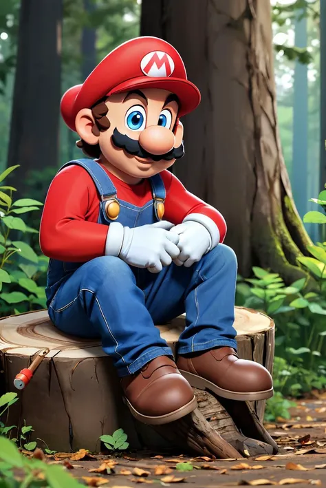 supermario, cartoon, wearing red shirt, blue overalls, white gloves, red hat, mustache, blue eyes, looking at viewer, smiling, happy,
sitting on log stump, outside, forest, blue sky, <lora:SuperMario:.8> extremely detailed, hdr,