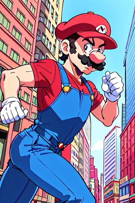 <lora:SuperMario:0.4>
1man supermario in blue overalls and a red tshirt, mustache running in new york city, skyscrapers, hat, 80's anime style