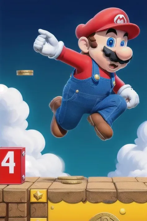<lora:SuperMario:0.4>
SuperMario wearing overalls and holding coins in his hand, jumping in the clouds, with a mustache, red tshirt