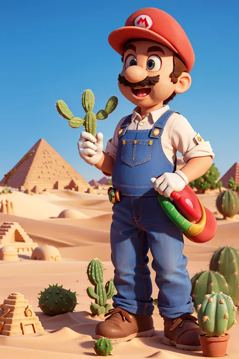 masterpiece, high quality best quality,  Mario, kid, desert, sand, cactus, sunny desert, pyramid,  open_mouth, sleeves_rolled_up, solo,  open space, dressed as Egyptian god,
<lora:SuperMario:1>