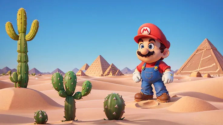 masterpiece, high quality best quality, Mario, desert, sand, cactus, sunny desert, pyramid, solo, open space, <lora:SuperMario:1>, platform game stance