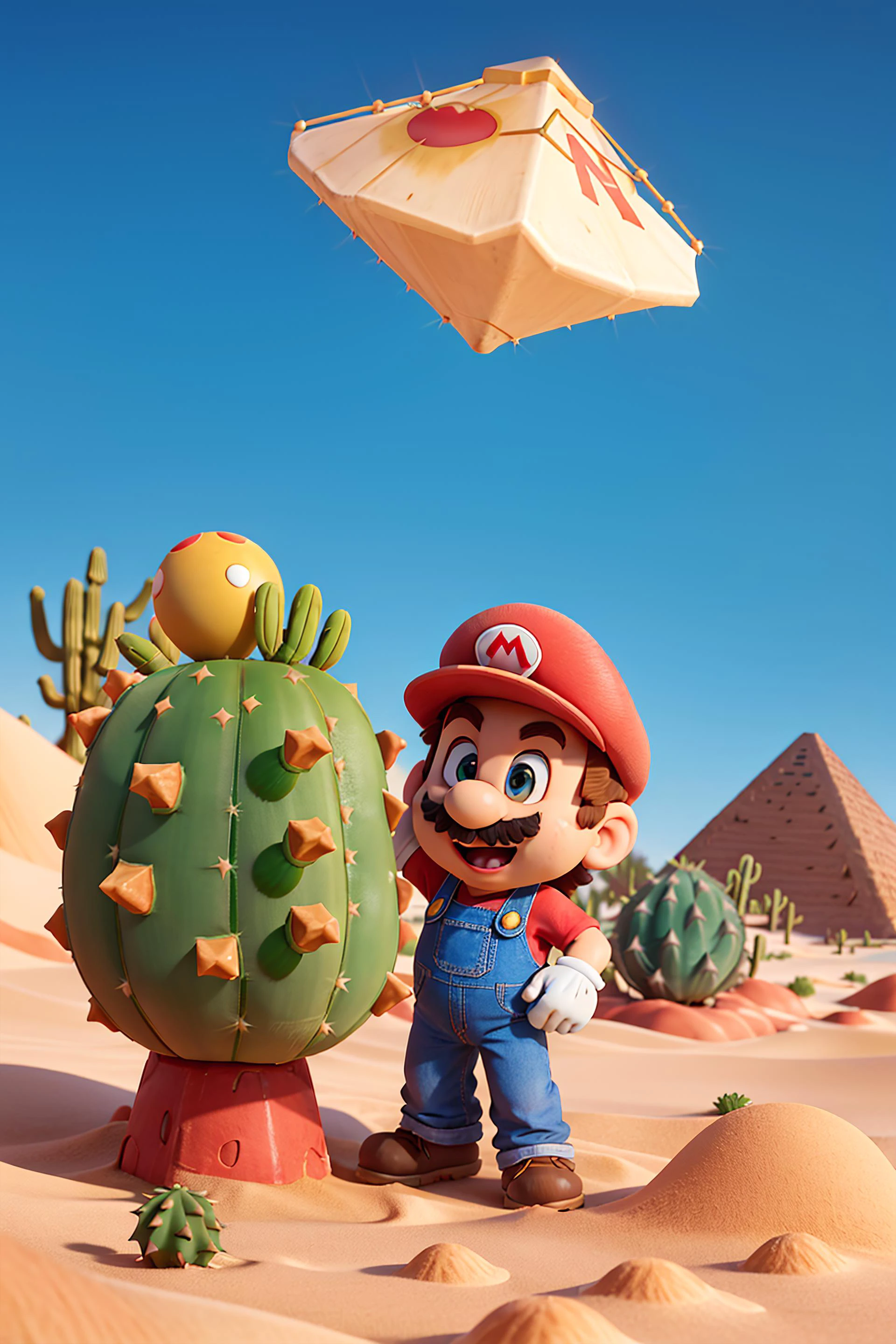 masterpiece, high quality best quality, Mario, , desert, sand, cactus, sunny desert, pyramid, solo, open space, <lora:SuperMario:1>, platform game stance