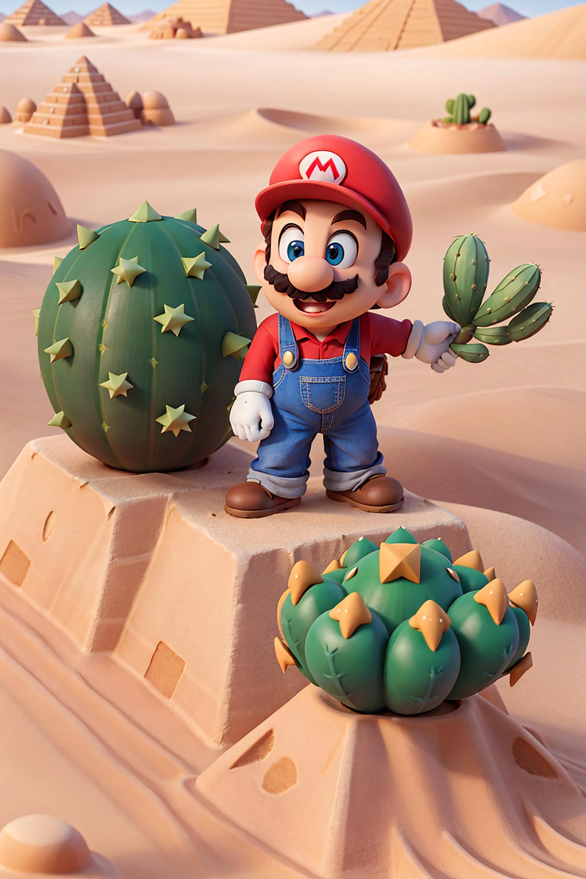 masterpiece, high quality best quality, Mario, desert, sand, cactus, sunny desert, pyramid, solo, open space, <lora:SuperMario:1>, platform game stance