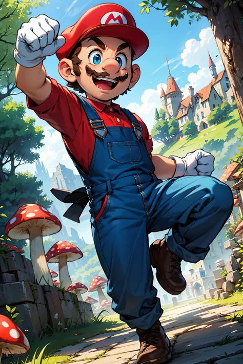 (masterpiece), (bestquality) <lora:SuperMario:0.6>, supermario, blue overalls, red shirt, red cap, smiling, 1boy, short man, little man, short legs, short arms, cartoon looking, jumping, dynamic pose, dynamic expression, smile, (fist up:1.1), big hands, big foot, (white gloves:1.1), mushroom kingdom in the background, giant mushrooms in the background, detailled background, castle with pink roofs on a mountain in the background, cartoon style, defined eyes, blue eyes, white teeth