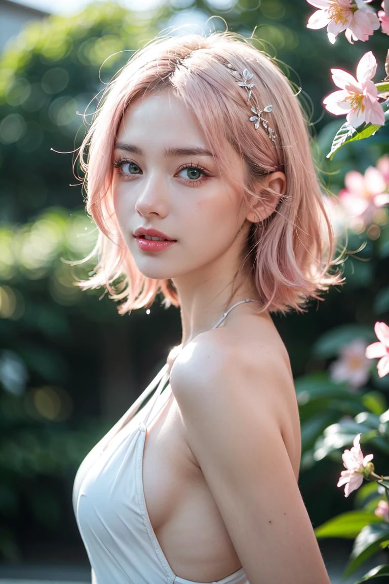 Ultra-realistic 8k CG, masterpiece, best quality, ((very detailed face)), (photorealistic:1.4),
absurdres, RAW photo, film grain, extremely detailed,
perfect lighting, (1girl), (very light pink hair), hair ornament, medium hair, blush, white swimsuit, dynamic pose, dynamic angle, lipstick, slim, slim body, surrounded by flower, sakura, nature, full body, very wild shot, small breast, flat_chest, outdoor, detailed background, realistic, solo, perfect detailed face, naughty face, detailed eyes, highly detailed, thighhighs, standing, smile, ((upper body part close view)), ((detailed green eyes)),
<lora:add_detail:0.6>