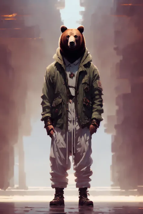 A realistic photo portrait of bear standing upright wearing a Jacket, character concept art, style of Krenz Cushart, Ashley Wood, and Charlie Bowater and Craig Mullins, intricate accurate details, cinematic color grading, muted colors, soft light, rule of thirds, like a professional model, cinematic, 8K, clear