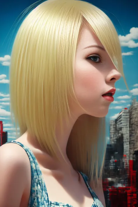 My beautiful short maid girlfriend with blonde hair blunt bangs, profile view, half body, by liu ye, abstract, surrealism, twisted warped strange background