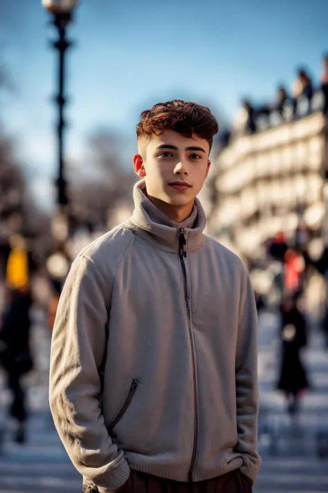 A 22 years old boy stand in Paris in winter looking at camera realistic close to portrit 4k oval face shape