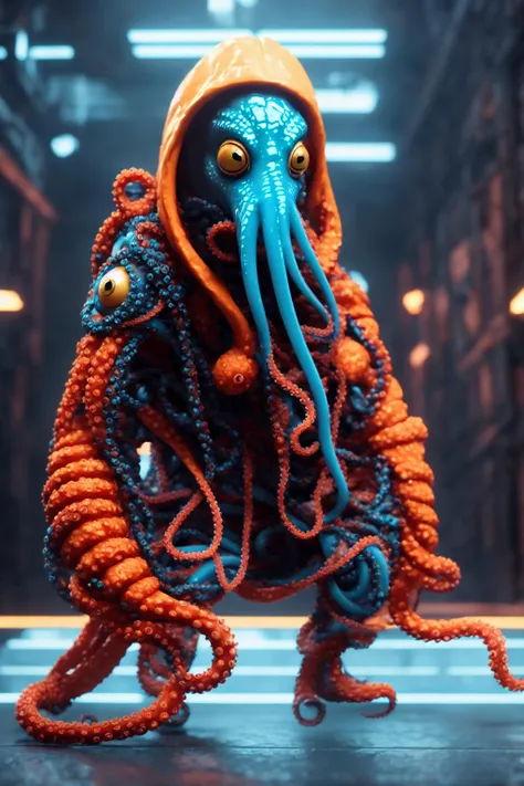 Squid + Octopus + kraken wearing a hoodie and a mask, 3d octane render, photography, ultra realistic, ultra detailed, super resolution, 8k, RTX, CGI, SFX, VFX, Unreal Engine 5
Black orange and teal 3d colors, psycadelic style