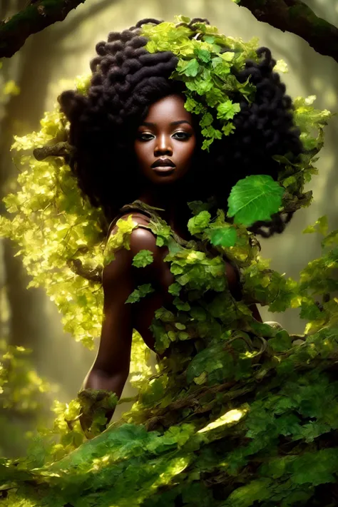 A stunning interpretation of beautiful young ebony girl dryad with large beautiful eyes, full body, ivy, stars, emerald and black, jasmine, trees, mist, dramatic lighting, highly detailed and intricate, hyper maximalist, ornate, luxury, elite, haunting, matte painting, cinematic, cgsociety, James jean, Brian froud, ross tran,