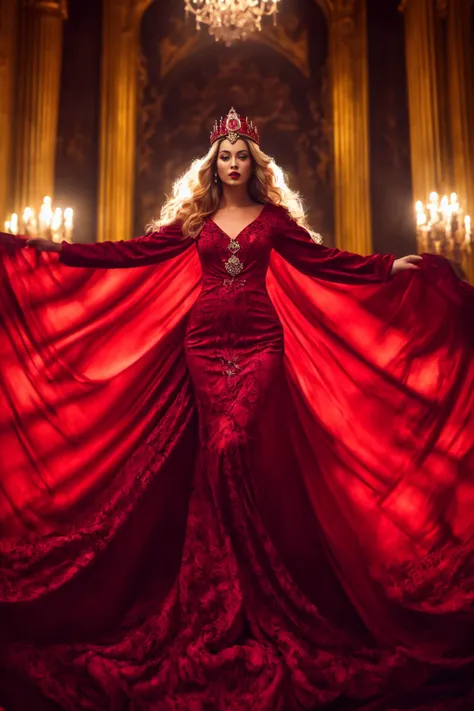 A classic archetype of a Slavic princess, wearing a regal red velvet gown and jeweled crown, posed in front of a grandiose castle with dramatic lighting, captured with high contrast and a bold, powerful vibe.