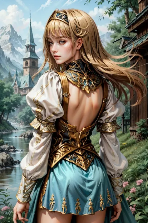 (masterpiece, best quality:1.3)
 <lora:epi_noiseoffset2:1> <lora:add_detail:0.7> <lora:ValkyrieProfileAlicia-000001:0.9>
ValkyrieProfileAlicia, 1girl, solo, blonde hair, from behind, looking back, beautiful landscape,  fantasy, intricate, elegant, highly detailed, digital painting, artstation, concept art