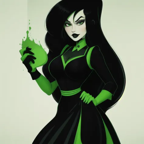 <lora:ShegoV1:0.6>shego, 1girl, (((maid dress))),black hair, black lips, green eyes, lips, long hair, looking at viewer, makeup,multicolored clothes